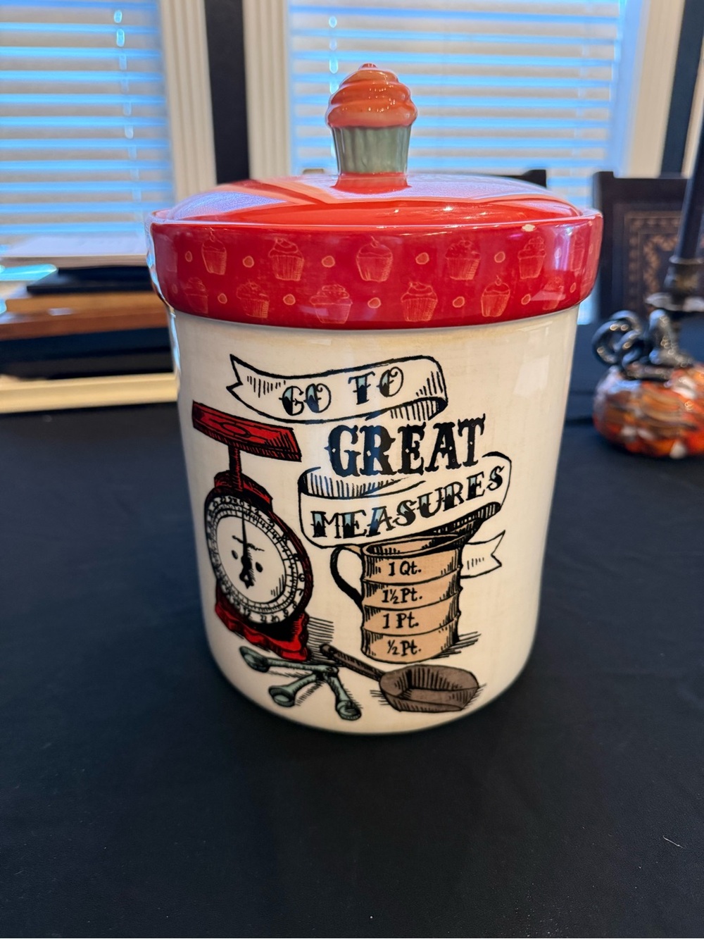 Red and Cream Ceramic Kitchen Canister with Measuring Graphic